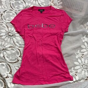 Bebe Y2K Hot Pink Metallic Silver Logo Graphic T-Shirt Size M Made in USA